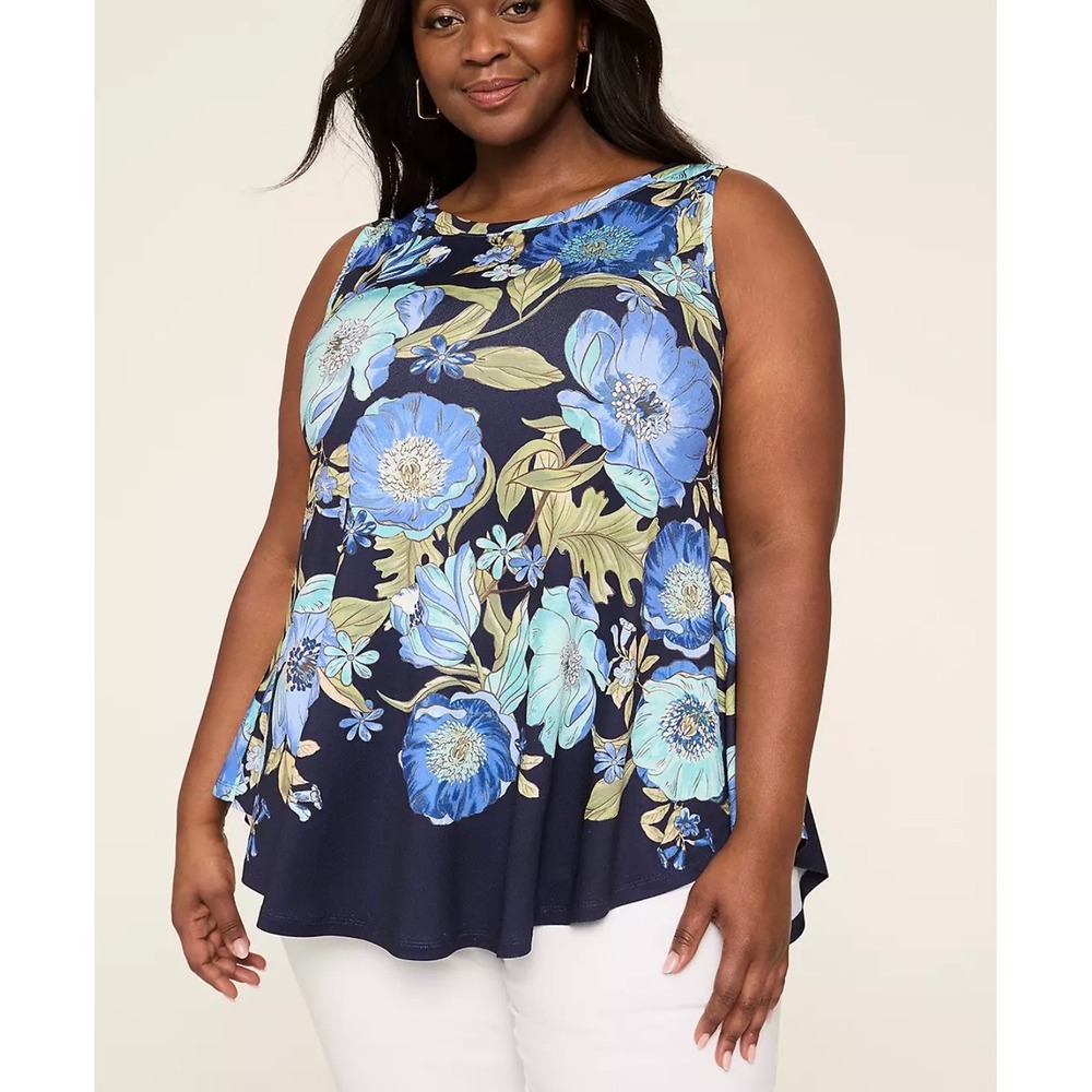 Lane Bryant Floral Boatneck Swing Top Size 22/24 Blue/Navy Sleeveless‎ NEW